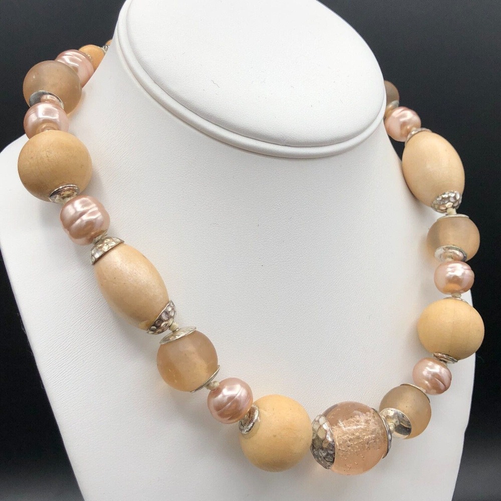 Vtg Carolee‎ Necklace 18" Chunky Neutral Tone Faux Pearl Glass Wood Bead Choker